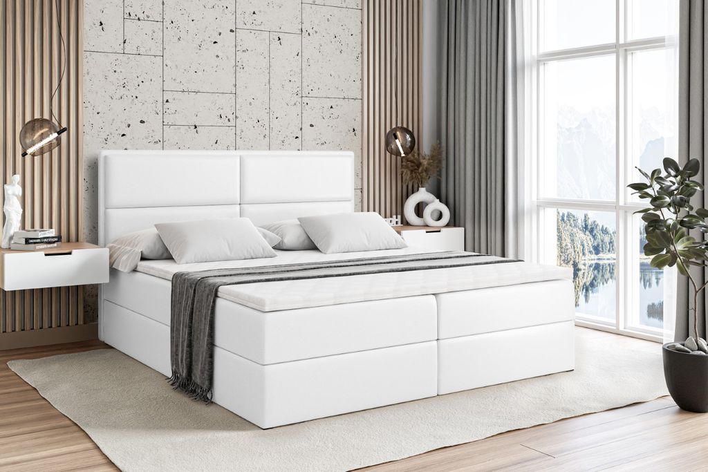 ALTDECOR Boxspringbett mit H3 Matratze und Topper - 140 x 200 cm - AURA - Weiß Kunstleder - Polsterbett mit Bettkasten und Lattenrost, Bett mit St...