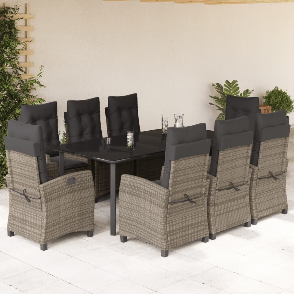 Design 9-tlg. Garten-Essgruppe mit Kissen Grau Poly Rattan, Gartenmöbel-Sets 2024 Neu