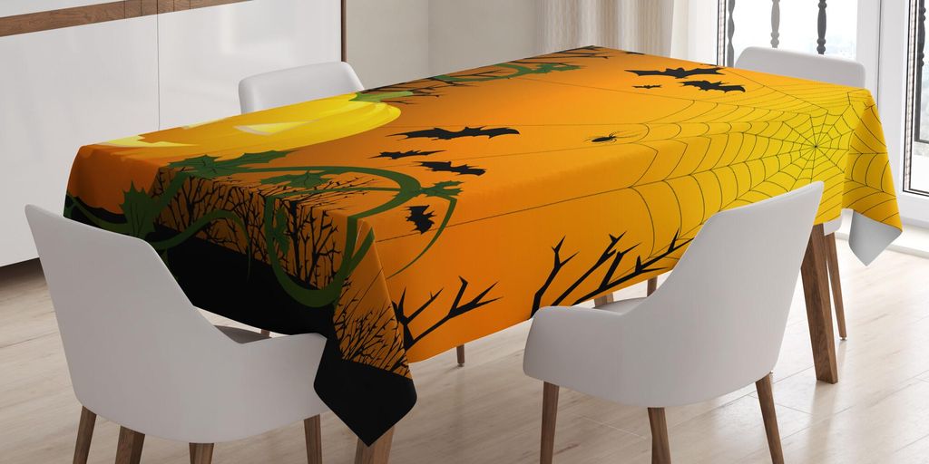 ABAKUHAUS Spinnennetz Tischdecke, Themenorientierte Zusammensetzung Halloweens mit Kürbis verlässt Baum-Netz und Schläger, 140 x 200 cm, Orange ...