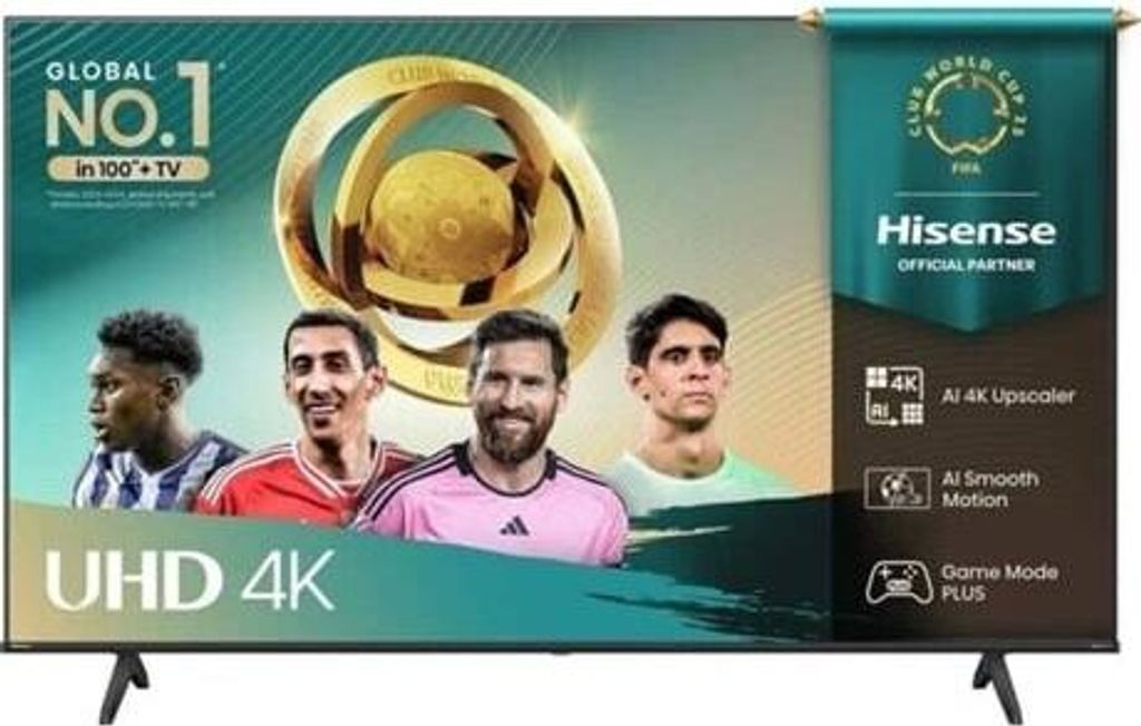 A marketing image for a Hisense UHD 4K TV, featuring images of famous football players and promotional text about the TV's features and its partnership with the FIFA Club World Cup.