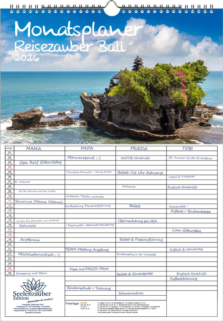 Reisezauber Bali Planer Familienplaner 4 Spaltenplaner DIN A3 Kalender für 2026 Indonesien Urlaub Strand - Seelenzauber