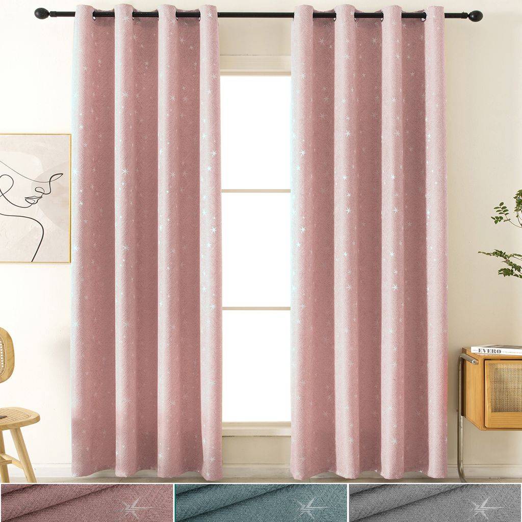 2er Set Vorhang Blickdicht Ösen Stern Leinenoptik,Verdunklungsvorhang Rosa B 132x H 213cm Schlafzimmer Wohnzimmer Kinderzimmer