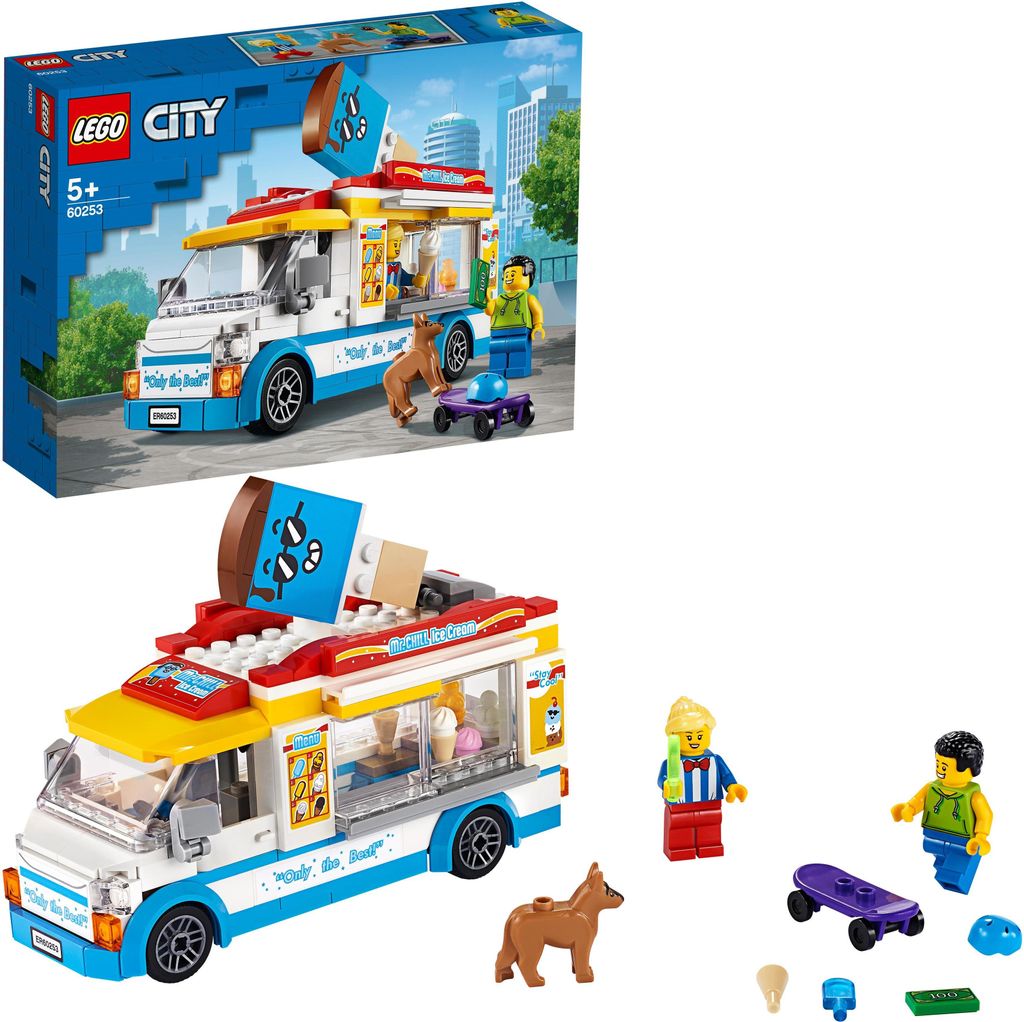 A LEGO City Great Vehicles ice cream truck set, including figures and accessories, displayed on its packaging and as a built model.