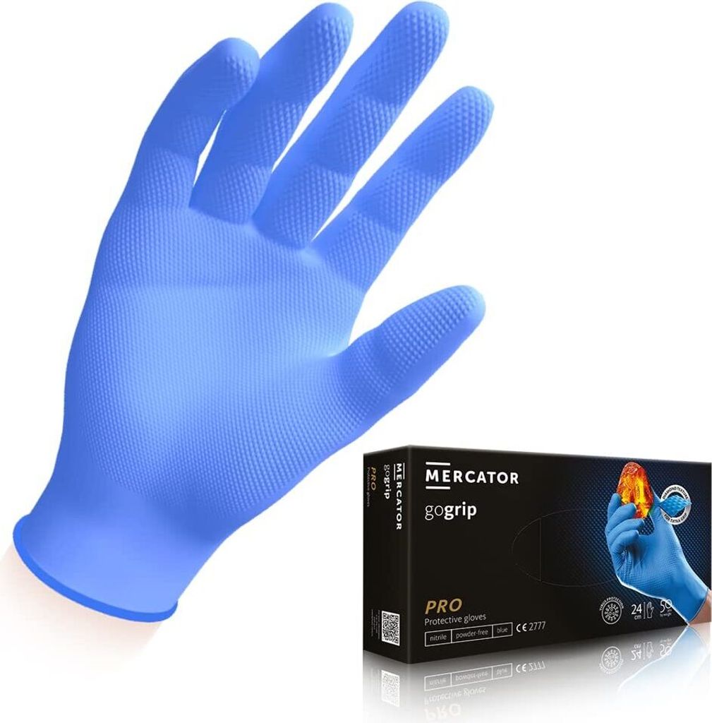Nitrilhandschuhe puderfrei latexfrei 2-3x dicker Diamanttextur MERCATOR GoGrip, Größe:L - 50 Stück, Farbe:GoGrip Blau