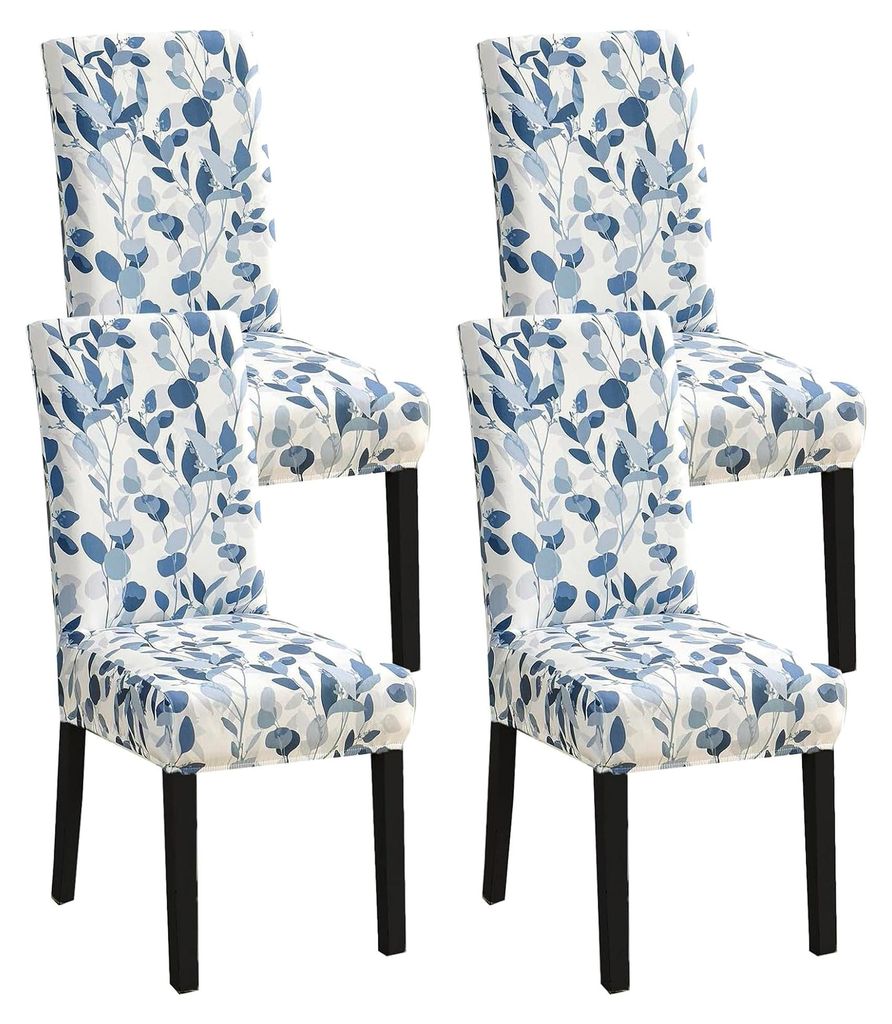 Stuhlhussen 4er Set Stretch, abnehmbar und waschbar, Schutzbezüge für Esszimmerstühle für Hotel, Restaurant und Küche (Blaue Blätter/4 Stück)