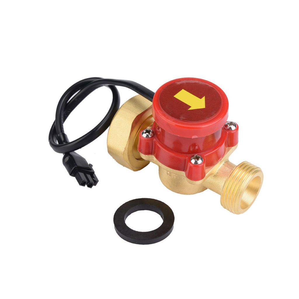 A water flow sensor with a red top and brass body, shown on a white background.