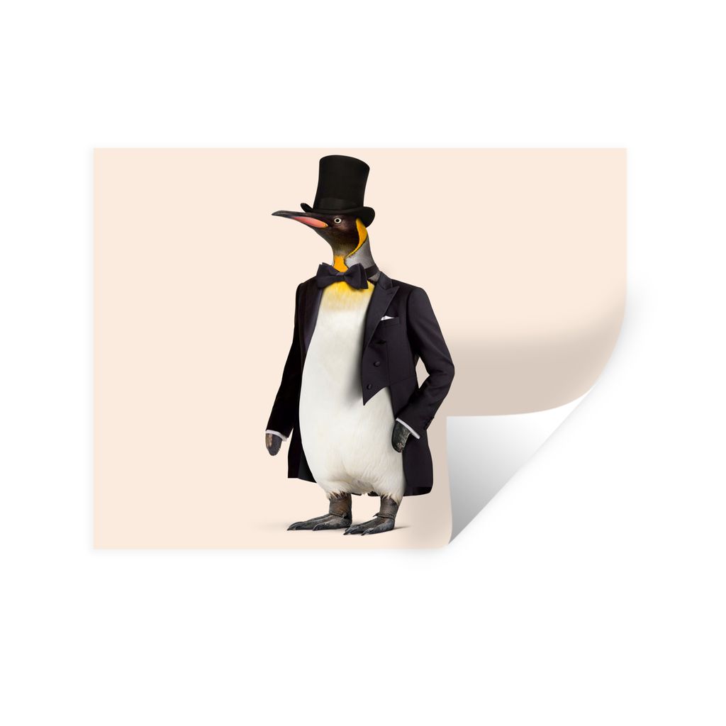 MuchoWow Wandtattoo Wandsticker Wandaufkleber Pinguin - Tier - Hut - Colbert - Schwarz 80x60 cm Selbstklebend und Repositionierbar - Faltenfrei