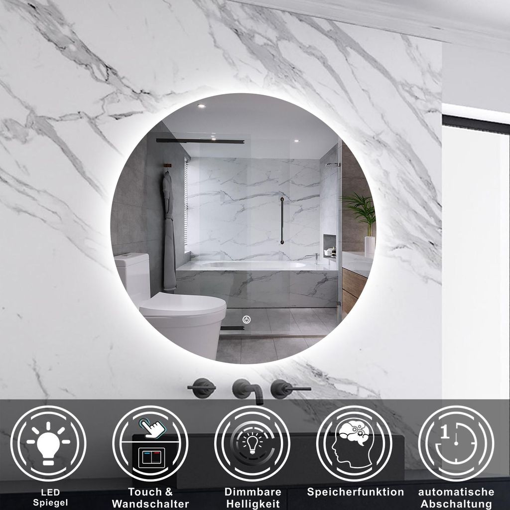 LED Badspiegel Rund 50cm mit Touch/Wandschalter Kaltweiß Produktbild 