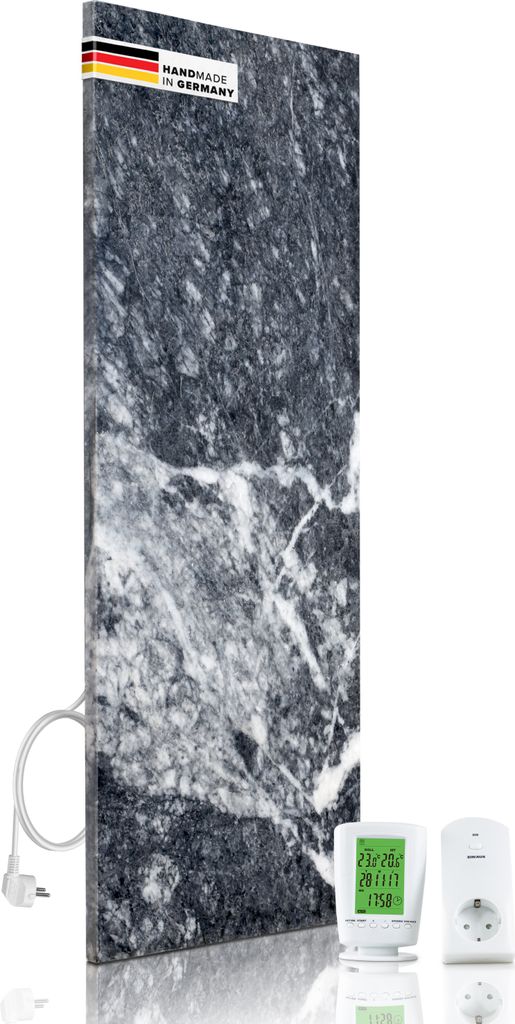 A marble-patterned infrared heating panel with a digital thermostat and a power adapter, presented on a white background.