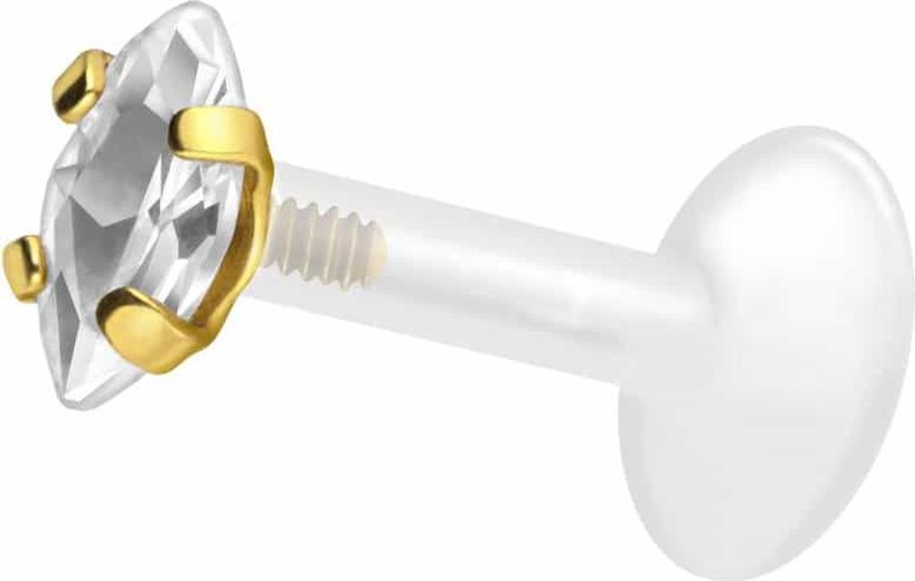 Ohrpiercing, Nasenpiercing PTFE Labret mit Innengewinde + Titan-Aufsatz EINGEFASSTER KRISTALLTROPFEN Gold Stablänge: 10mm | Stabstärke: 1,2mm | K...