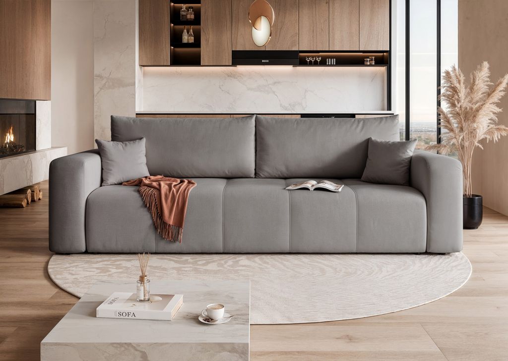 Idohome Sofa 3-Sitzer Schlafsofa Freistehend & Modern mit Schlaffunktion & Stauraum, Velours Couch Wohnlandschaft in Farbe Grau Manila 16- PEDRO