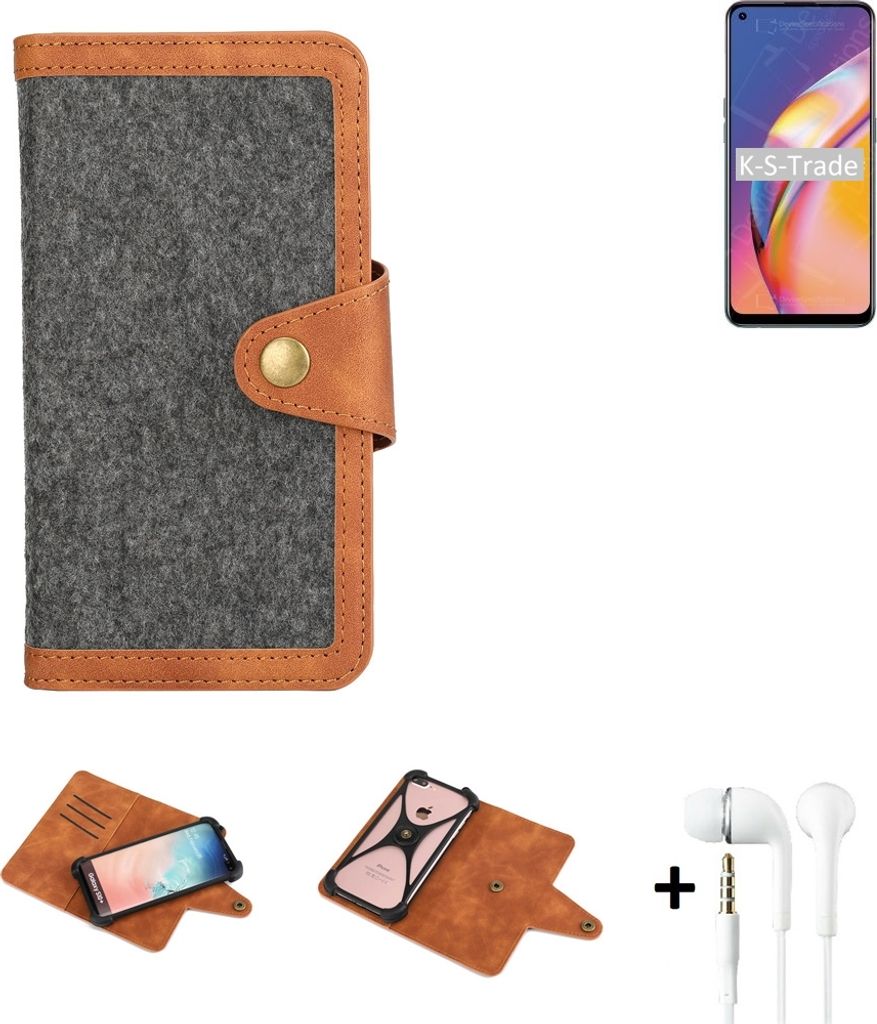 K-S-Trade Handyhülle + Kopfhörer kompatibel mit Oppo Reno5 F Schutzhülle Filzhülle Kunstleder dunkelgrau braun (1x)