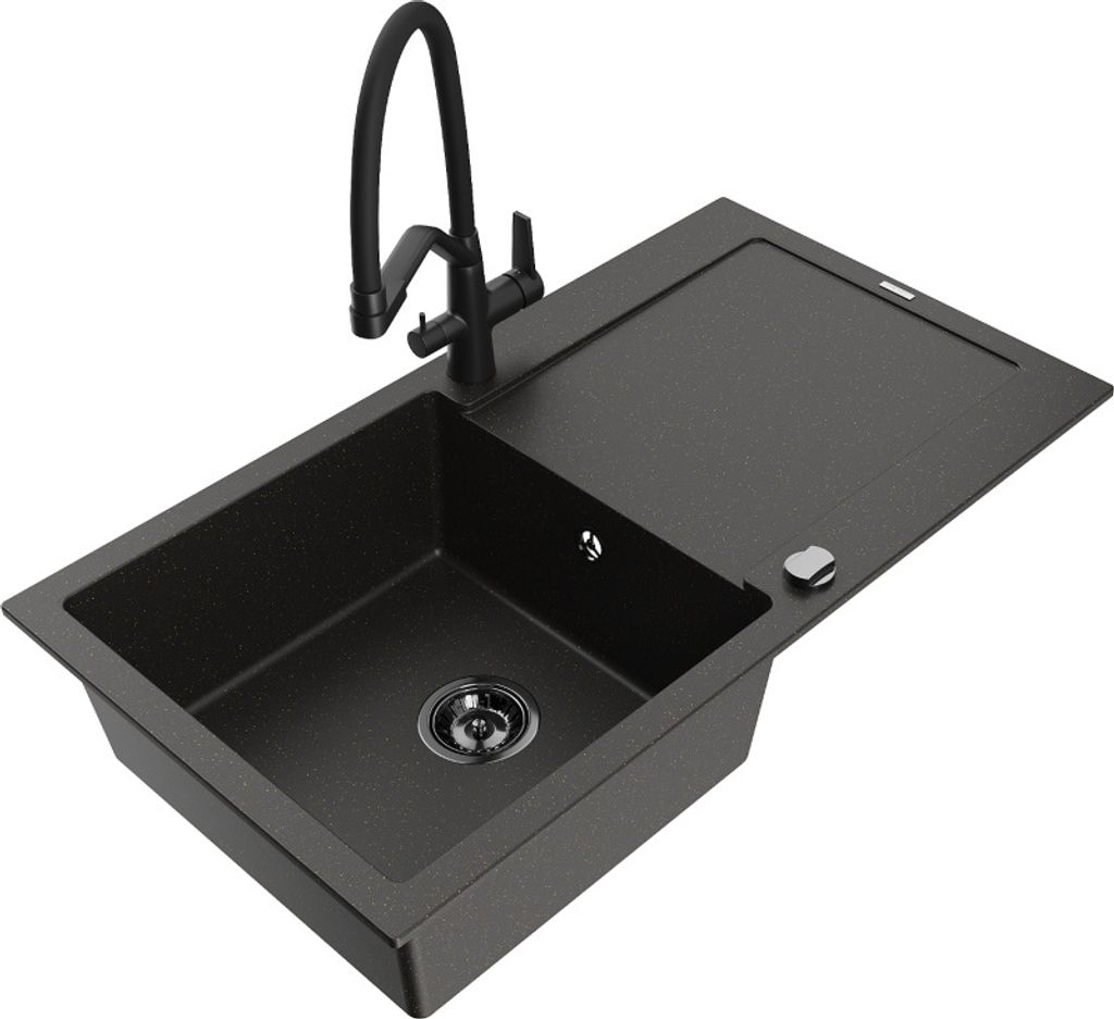 Mexen Leo 1 Becken-Granitspüle mit Abtropffläche und Mischbatterie Duo, Schwarz/Gold metallisch - 6501-75-671701-70-B