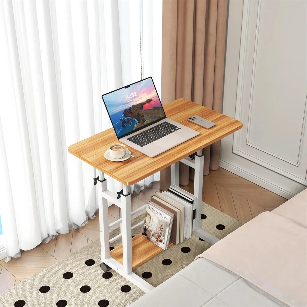 Petit bureau informatique mobile sur roulettes - Plateau bois et métal