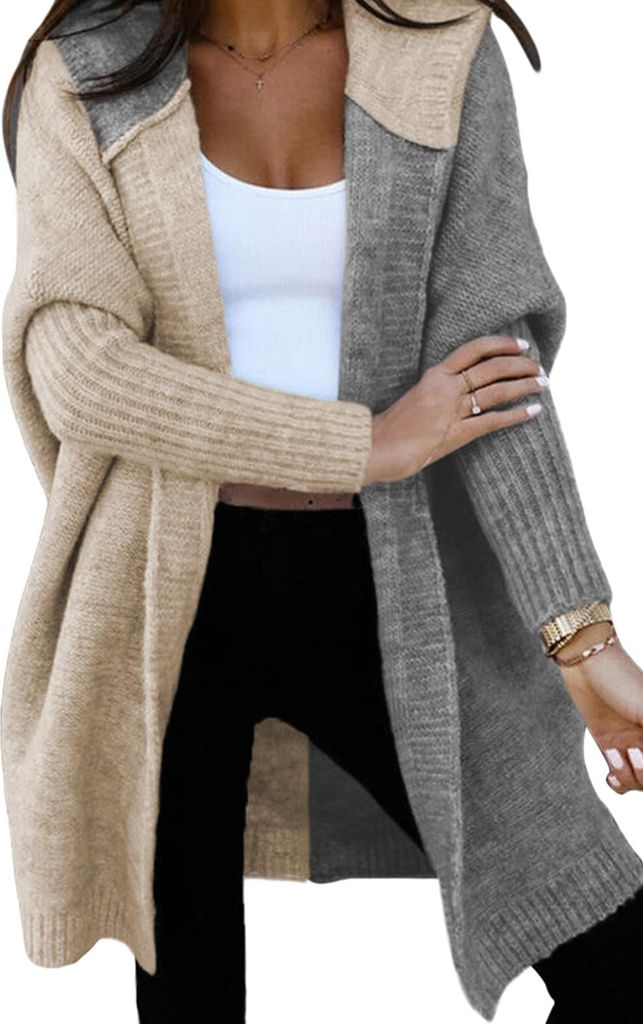 ASKSA Damen Strickjacken Kapuzenpullover Warm Lang Cardigan Strickmantel Casual Herbst Winter Grobstrickjacke Mit Kapuze (Grau,M)