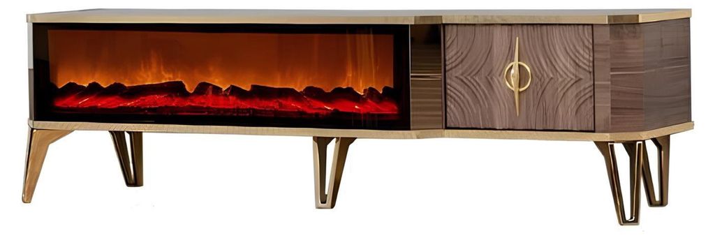 Dunkelgrauer, niedriger Fernsehtisch aus Holz mit Kamin