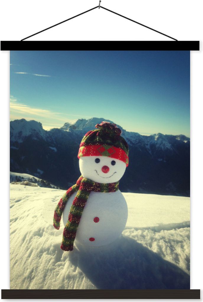 MuchoWow Textilposter Schneemann mit Blick auf die Landschaft während der Weihnachtszeit 120x160 cm mit schwarzem Rahmen - Magnetischer