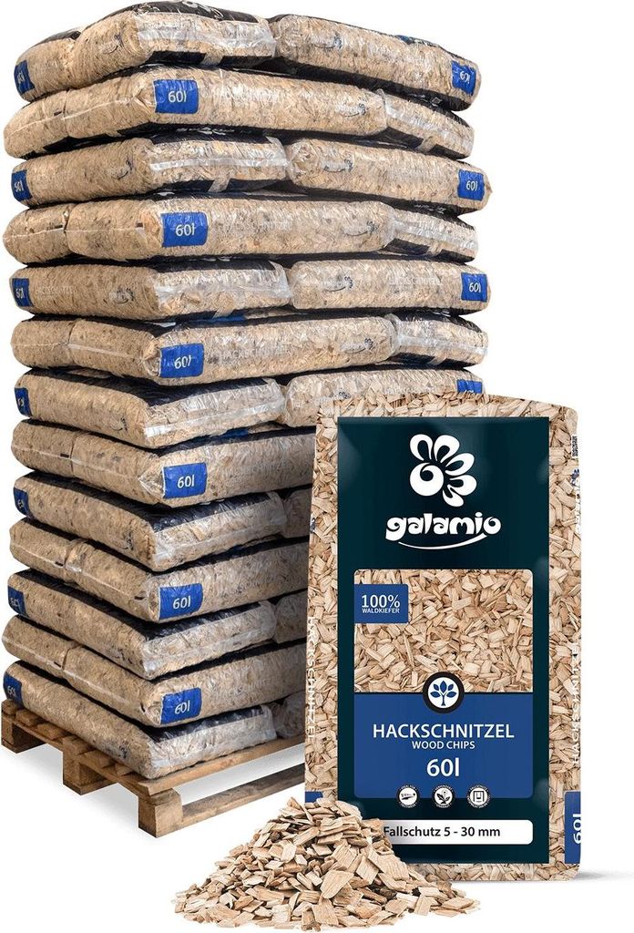 A stack of bags of wood chips on a pallet, with one bag in the foreground showing product details.