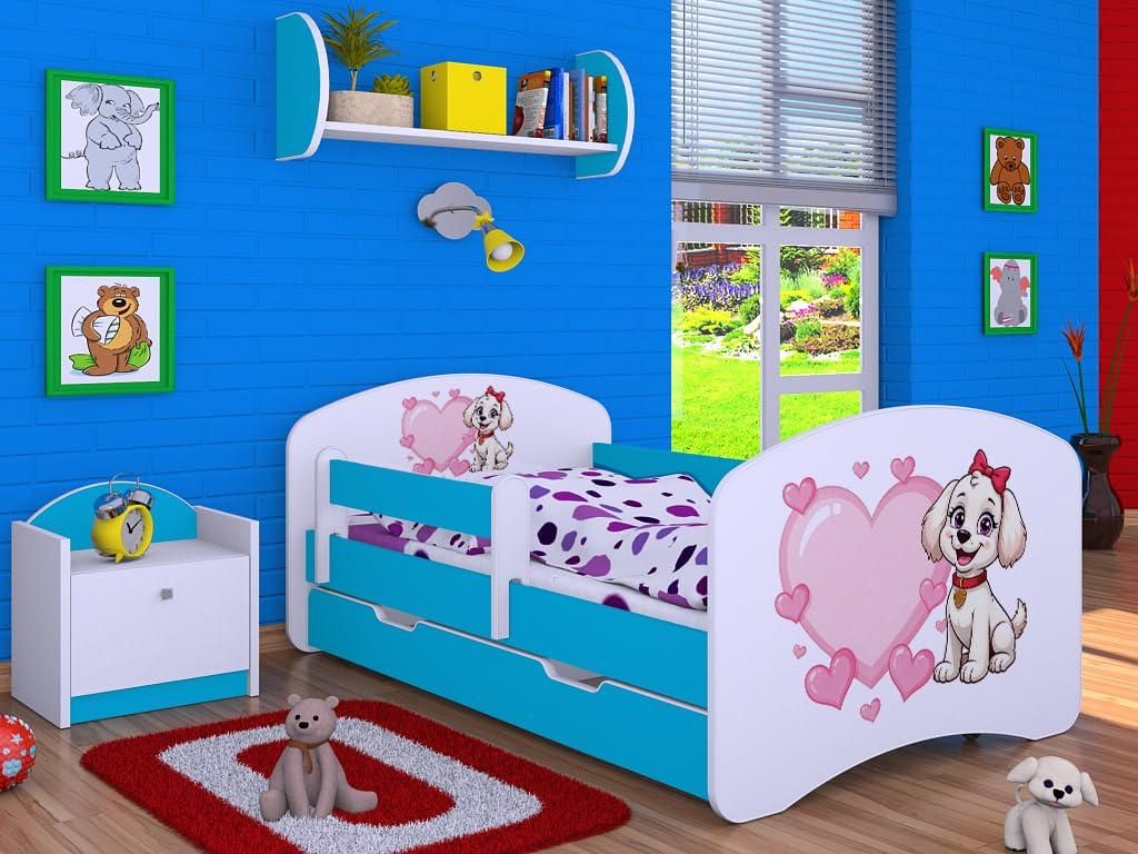 Happy Babies Kinderbett - mit Rausfallschutz Junge 140x70 Bett für Kinderzimmer mit Schublade & Matratze Einzelbett für Kinder Weiß/Blau, Der Hu...