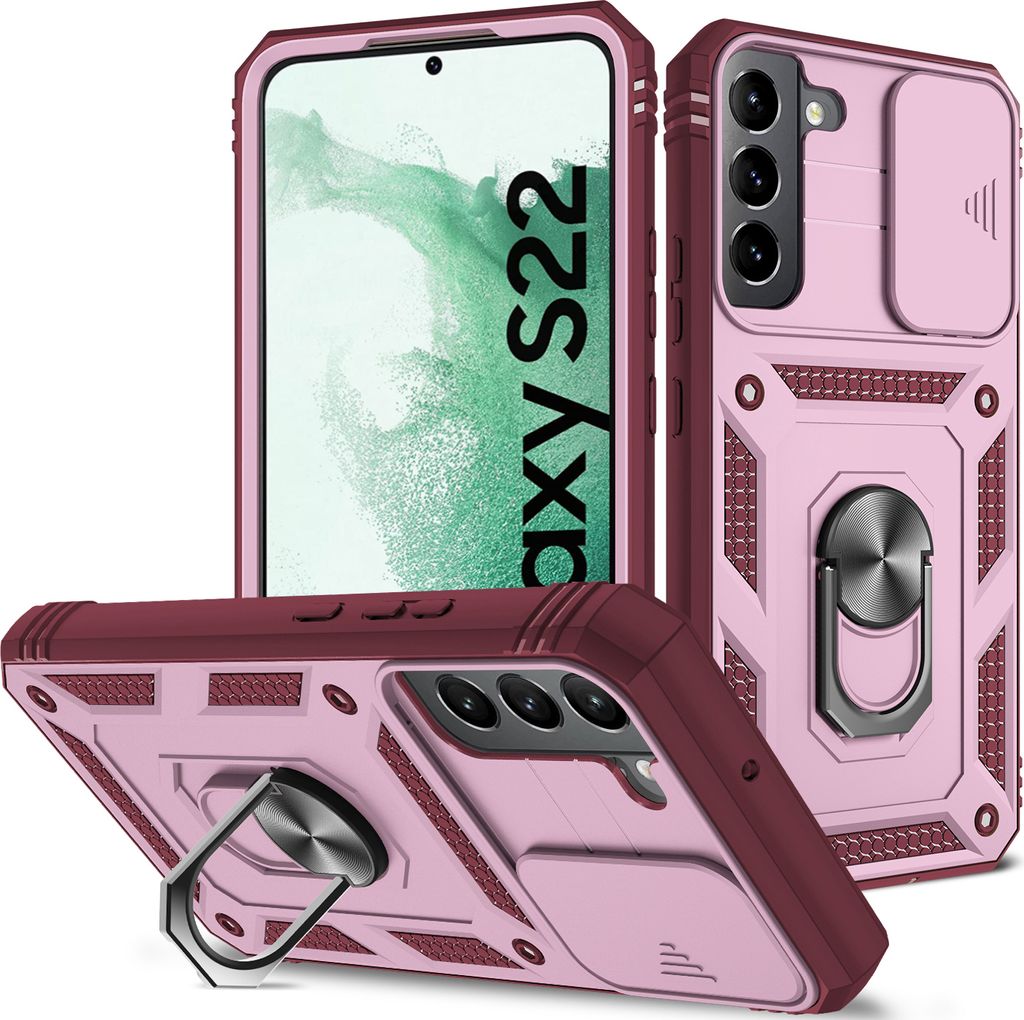 Galaxy S22 5G Hülle, Schiebe Kamera Schutz Robust Rüstung Stoßfest Schutzhülle mit Ringhalterung Ständer Kartenhalter für Samsung Galaxy S22 ...