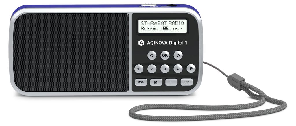 A digital radio with a strap attached.
