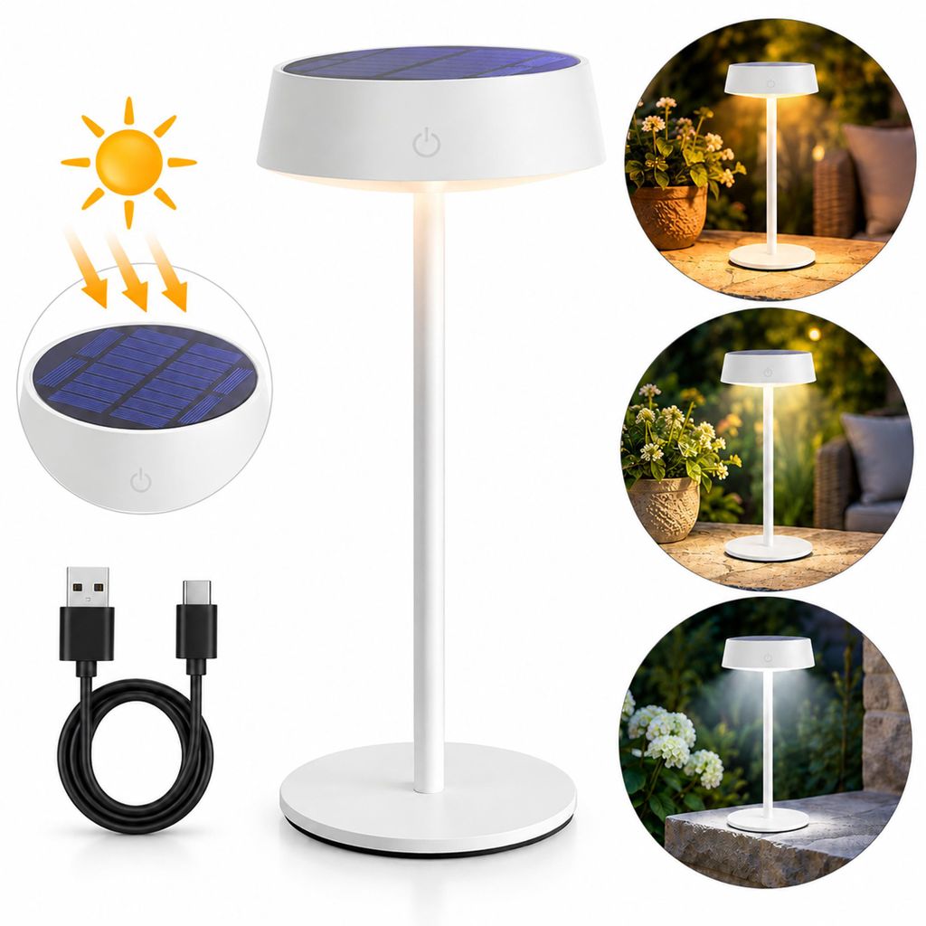 Lámpara de mesa solar, metálica, color blanco mate, con Imagen del producto 