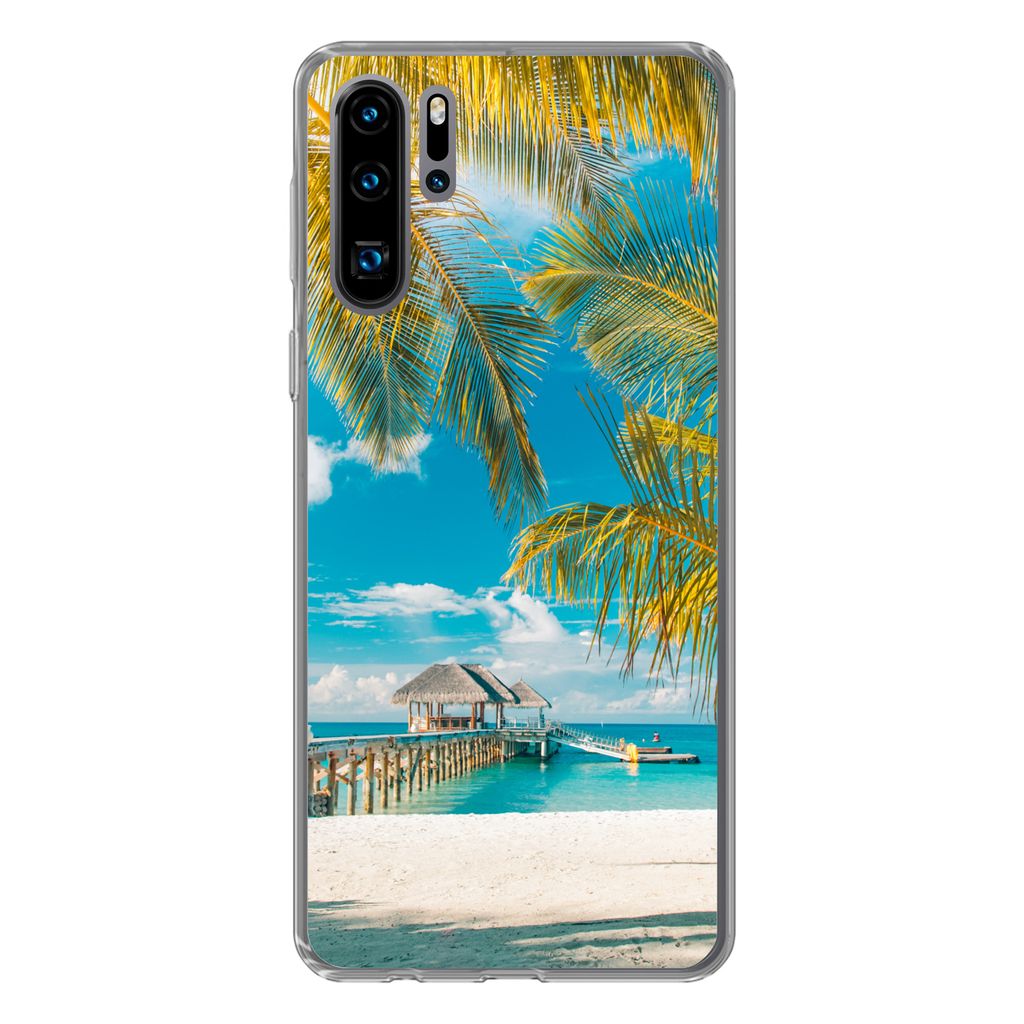 MuchoWow Handyhülle Schutzhülle Hülle für Huawei P30 Pro Strand - Palme - Meer Silikon Softcase Handy Hülle - Schutzdeckel