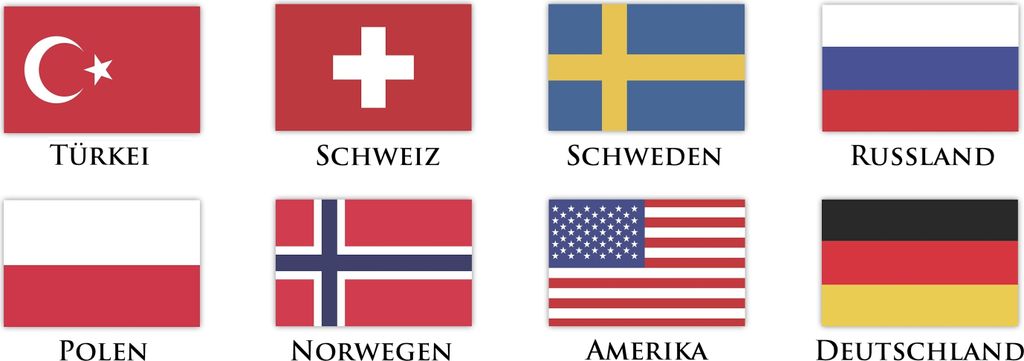 8 Fahnen a' 3 Stück Folienaufkleber Flaggen verschiedene Länder, Türkei, Schweiz, Schweden, Russland, Polen, Norwegen, Amerika, Deutschland