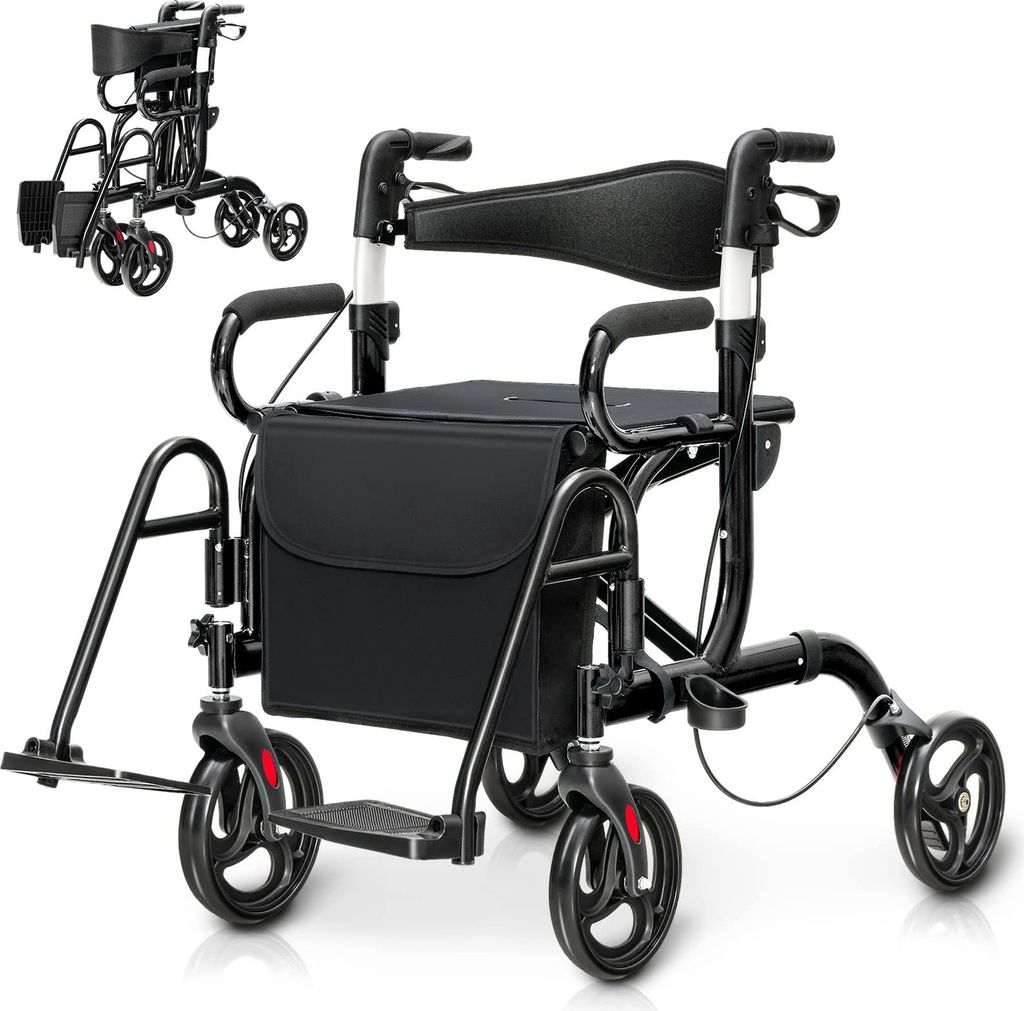 GOPLUS 2 in 1 Rollator faltbar, Gehhilfe mit einstellbarer Höhe, Rückenlehne, Sitz & Tasche, Laufhilfe Gehwagen aus Alu bis 160 kg, für Senioren