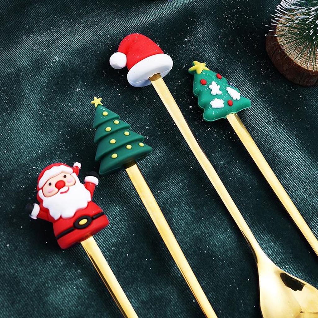 4PCS Weihnachten Löffel Gabel Set Edelstahl Santa Weihnachtsbaum geformt Dekor Geschirr für Haus Abendessen mit grünen Box
