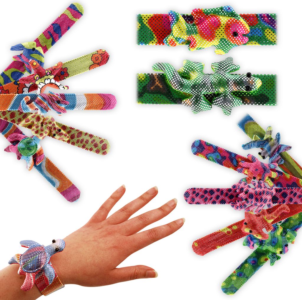 Klatscharmband 4 Stück Schnapparmband 3D Tiere bunt - Verschiedene Farben und Designs, darunter Schildkröten, Fische, Frösche und Seepferdchen