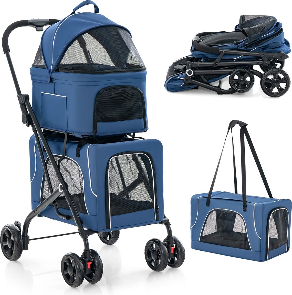 COSTWAY 3 in 1 Hundewagen klappbar, Hundebuggy 2 Etagen mit Netzfenstern, Taschen & Polstern, bis 16 kg, Hundebox Transporttasche Blau