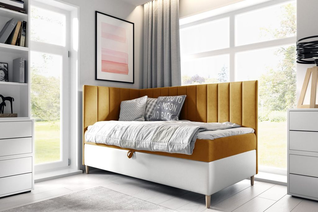 Kontinentales Bett 90x200 MIREN 3 - Senfgelb/Weiß, Öffnung rechts + GRATIS Matratzenauflage