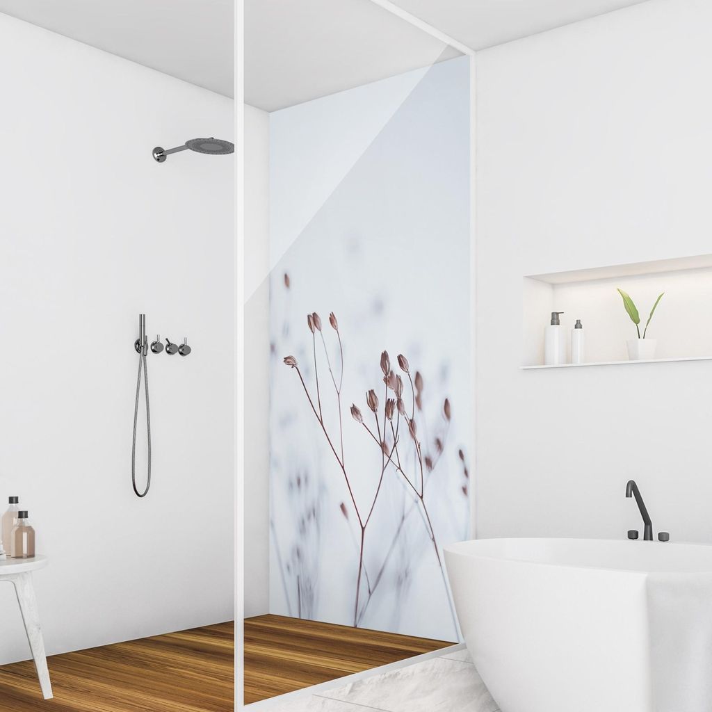 Duschrückwand mit Motiv selbstklebend - 0.35 mm Wandpaneel wasserfest Gräser blau Landhaus Badrückwand fugenlos Smart matt 100x200 cm