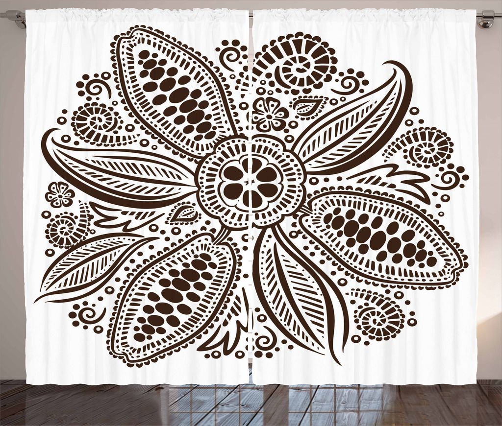 ABAKUHAUS Kakao Rustikaler Vorhang, Zierblumenmotiv Kunst, Wohnzimmer Universalband Gardinen mit Schlaufen und Haken, 280 x 245 cm, Dunkelbraun Weiß