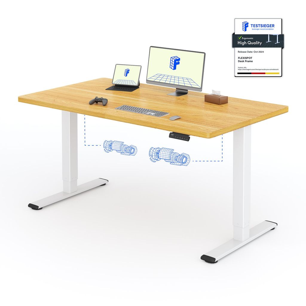 A height-adjustable desk with a wooden top and white legs, shown with a laptop, monitor, keyboard, and a tissue box. Diagrams of the desk's lifting mechanism are overlaid.