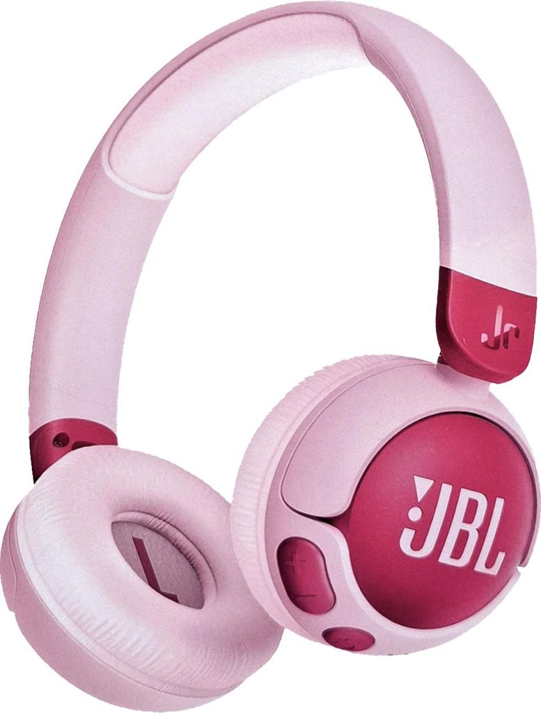 A pair of pink and violet JBL headphones is shown against a white background.