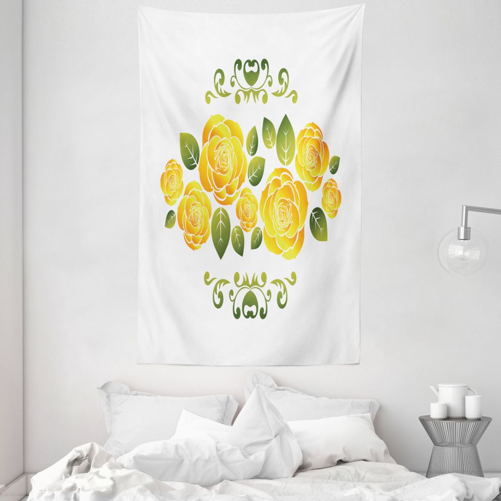 ABAKUHAUS Gelb Wandteppich und Tagesdecke, Rosen mit Strudelrahmen aus Weiches Mikrofaser Stoff Waschbar ohne Verblassen Digitaldruck, 140 x 230 cm...