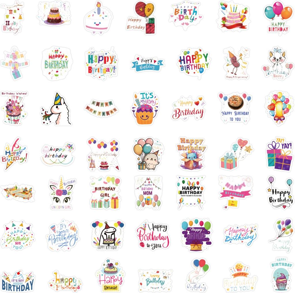 50 Stück Sticker Geburtstag Dekoration Aufkleber, Selbstklebende Aufkleber Geburtstag, Niedlich Deko, Vinyl Wasserdicht Aesthetic Aufkleber für G...