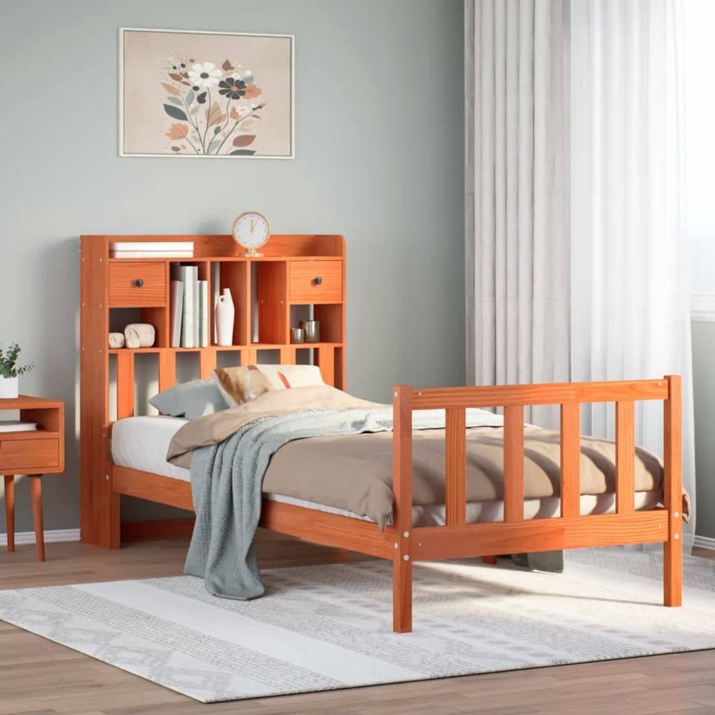 Maison Exclusive - Massivholzbett mit Regal ohne Matratze Wachsbraun 100x200 cm