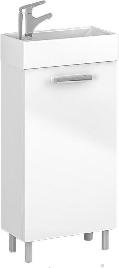 A white bathroom vanity with a sink and faucet.