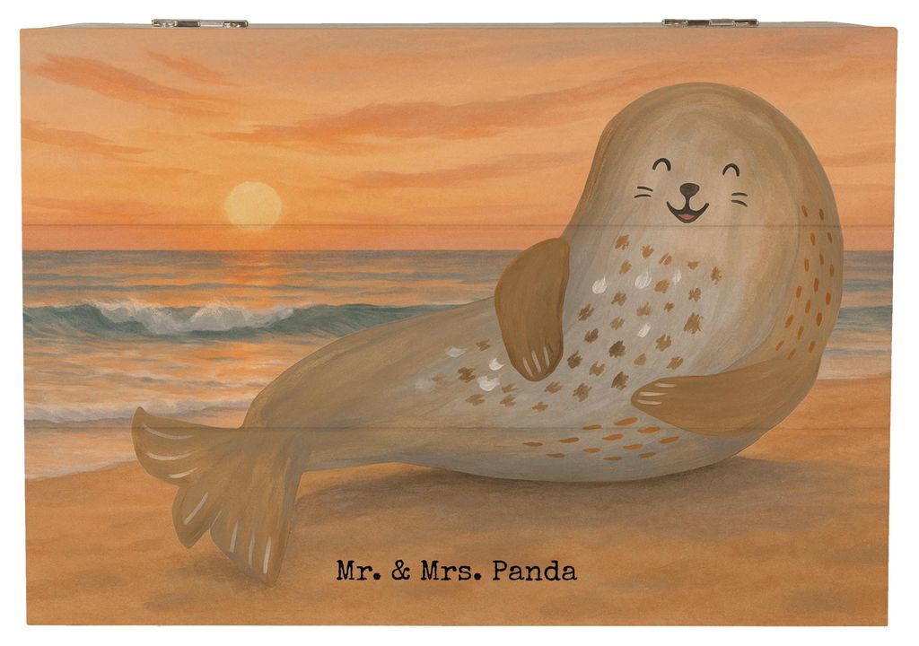 Mr. & Mrs. Panda Geschenkbox Robbe Lachen Design 22 x 15 cm - Weiß - Geschenk, Ostsee, schatzkiste holz, Erinnerungskiste, Robben, schmucktruhe, A...