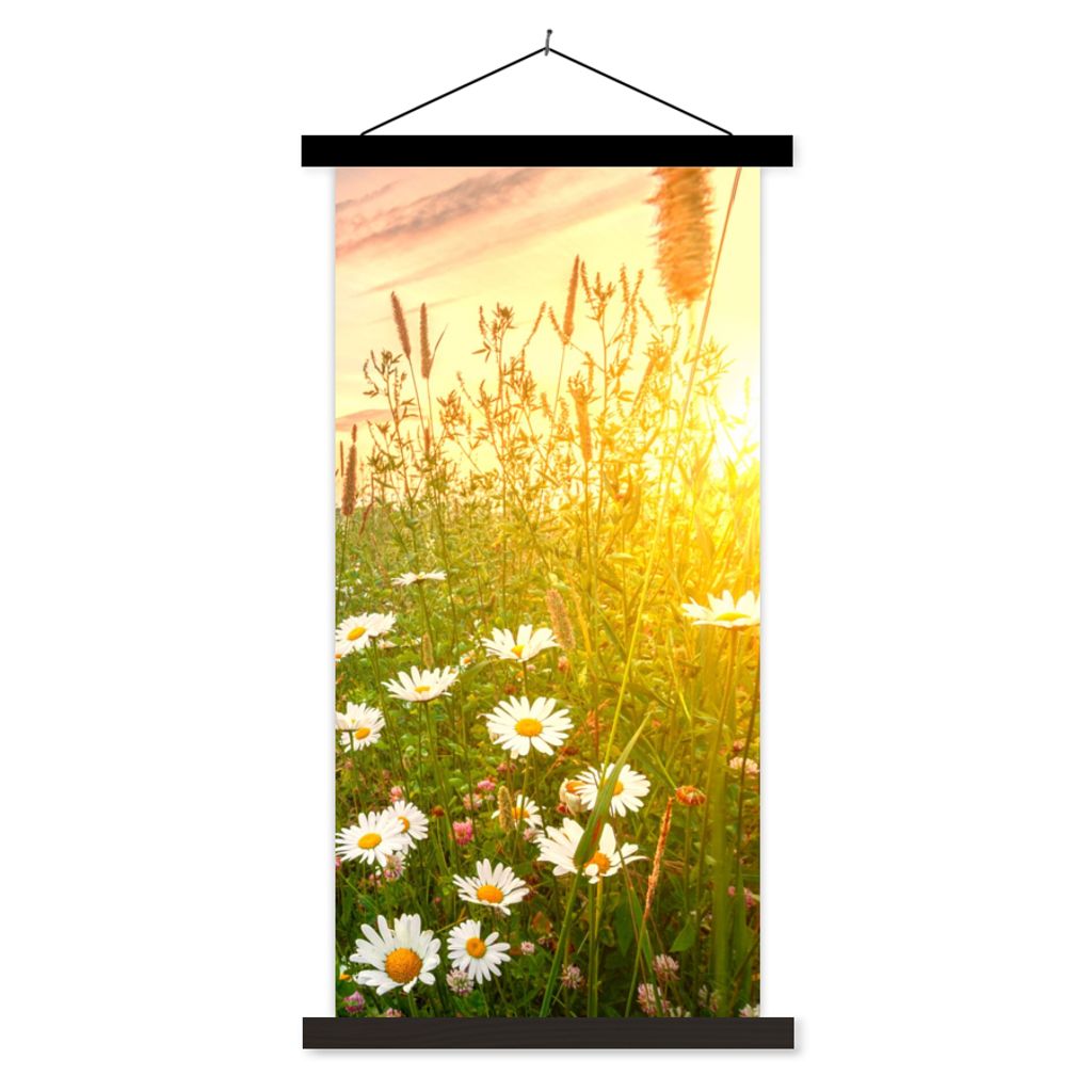 MuchoWow Textilposter Blumen - Gänseblümchen - Natur - Sonne - Horizont 90x180 cm mit schwarzem Rahmen - Dekoration Wohnzimmer