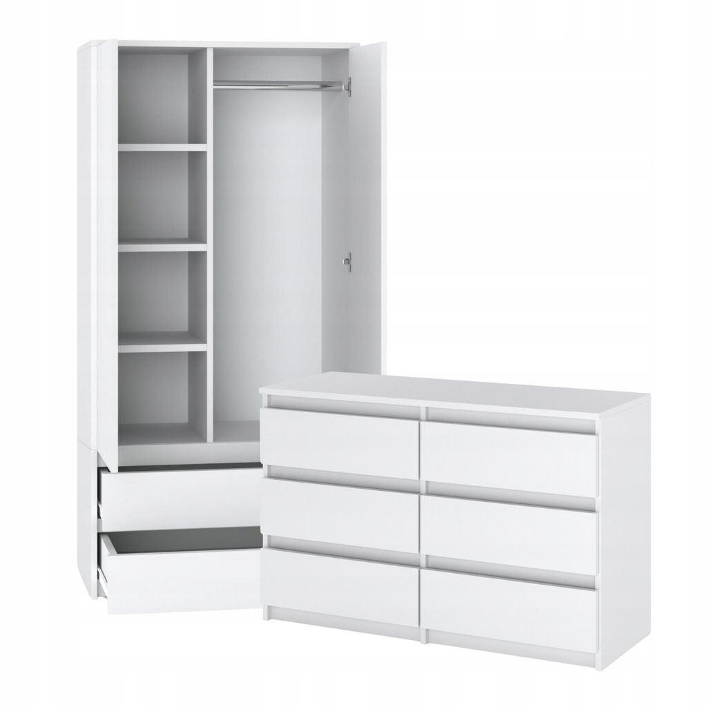 A white wardrobe and chest of drawers set against a white background.