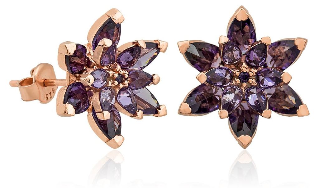 925 Silber Ohrringe Lotusblüte – Damen Ohrstecker Rosegold mit lila Zirkonia