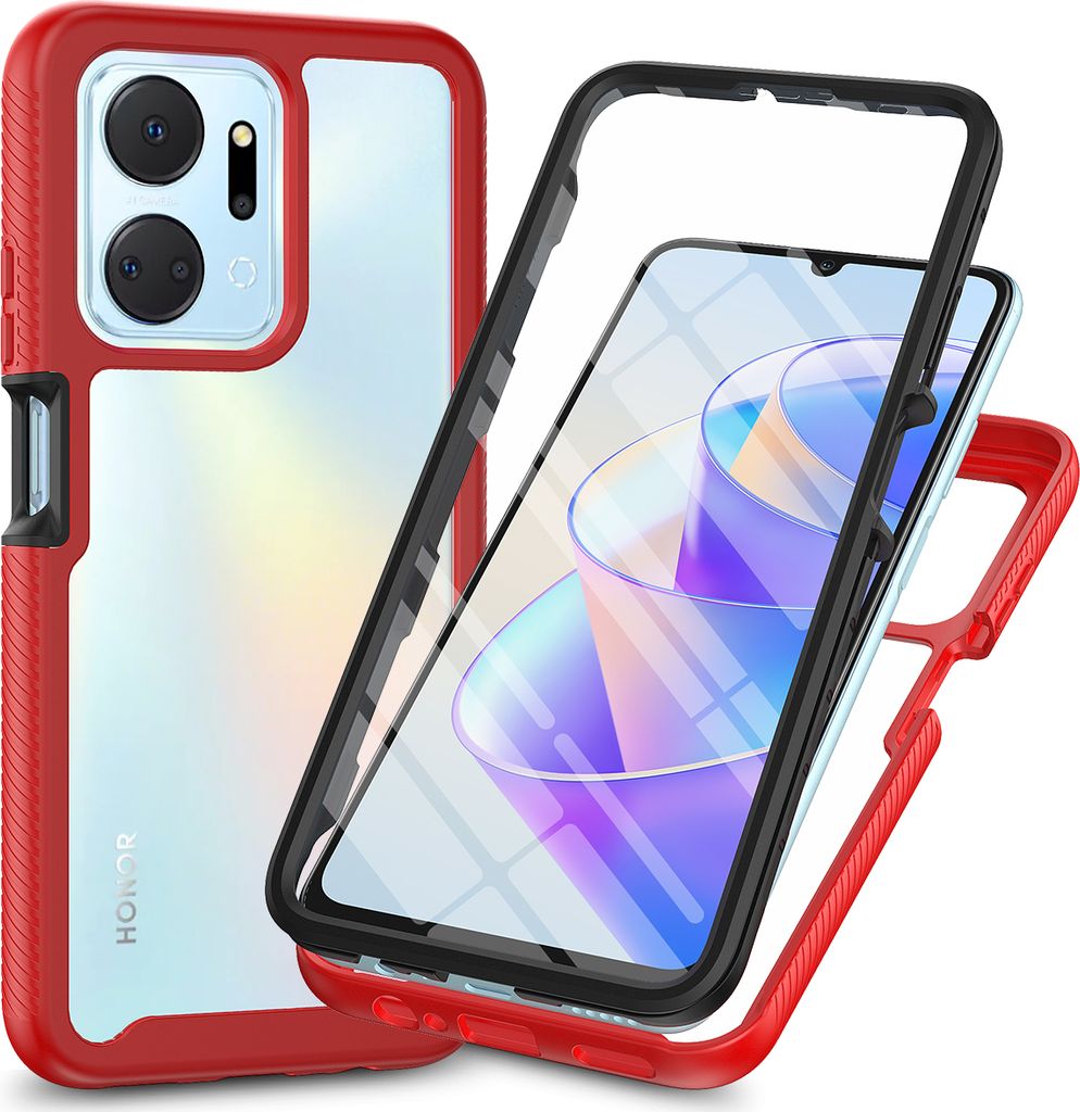 Honor X7A Hülle, Bumper mit Eingebautem Displayschutz 360 Grad Komplettschutz Schutzhülle für Honor X7A Rot