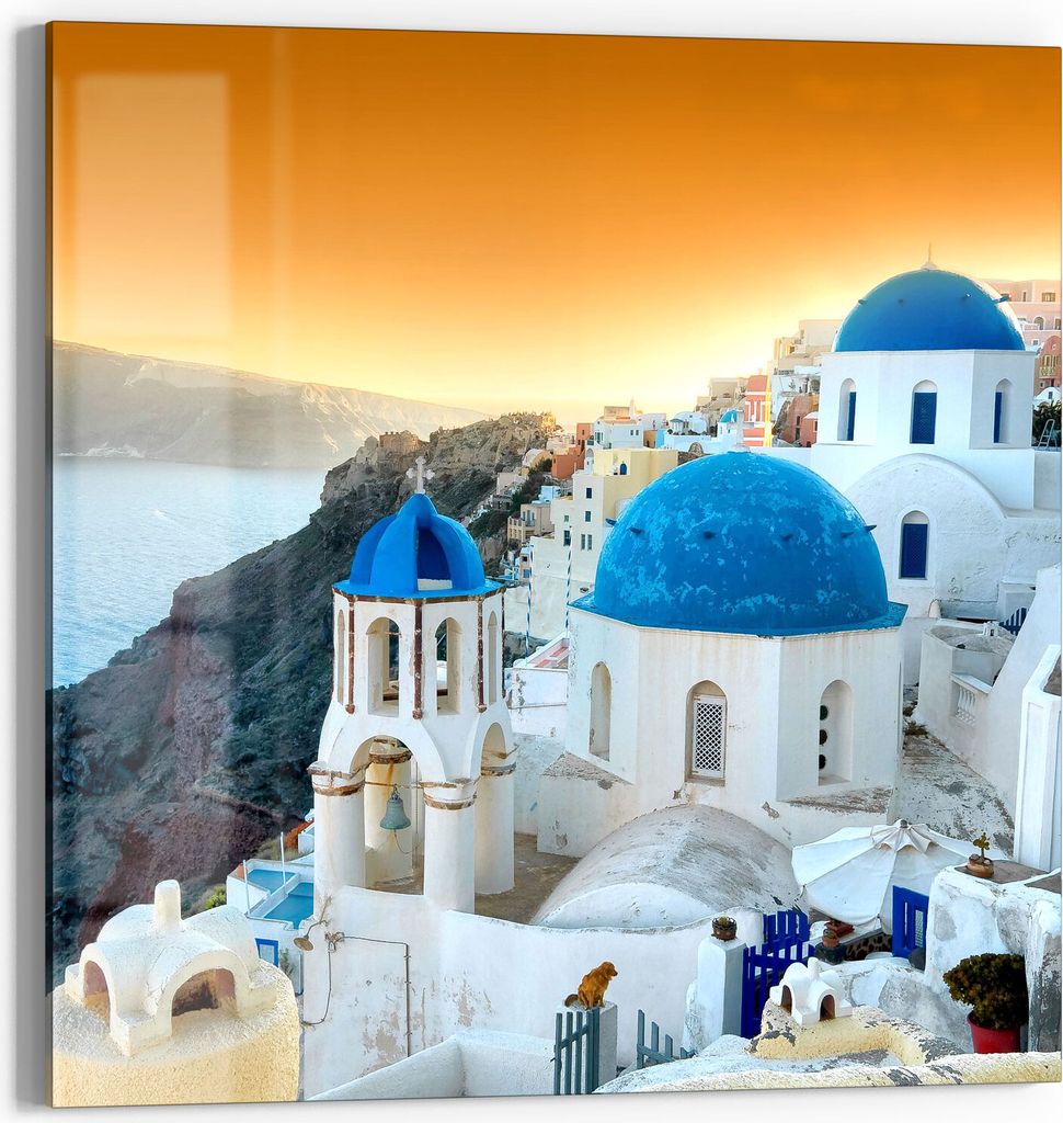 DEQORI Glasbild Acryl 50x50 cm 'Blaue Kuppeln von Oia' Wandbild Bild modern Deko