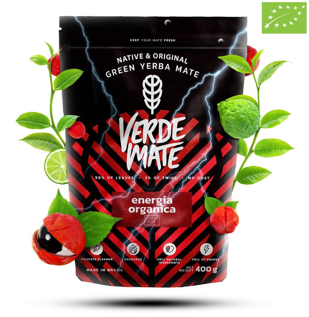 Verde Mate - Mate Tee Bio Energia Organica 400g - Dicke Blätter 5 mm Luftgetrocknet – Yerba Mate Tee mit Guarana, ohne Stängel, Brasilianisch