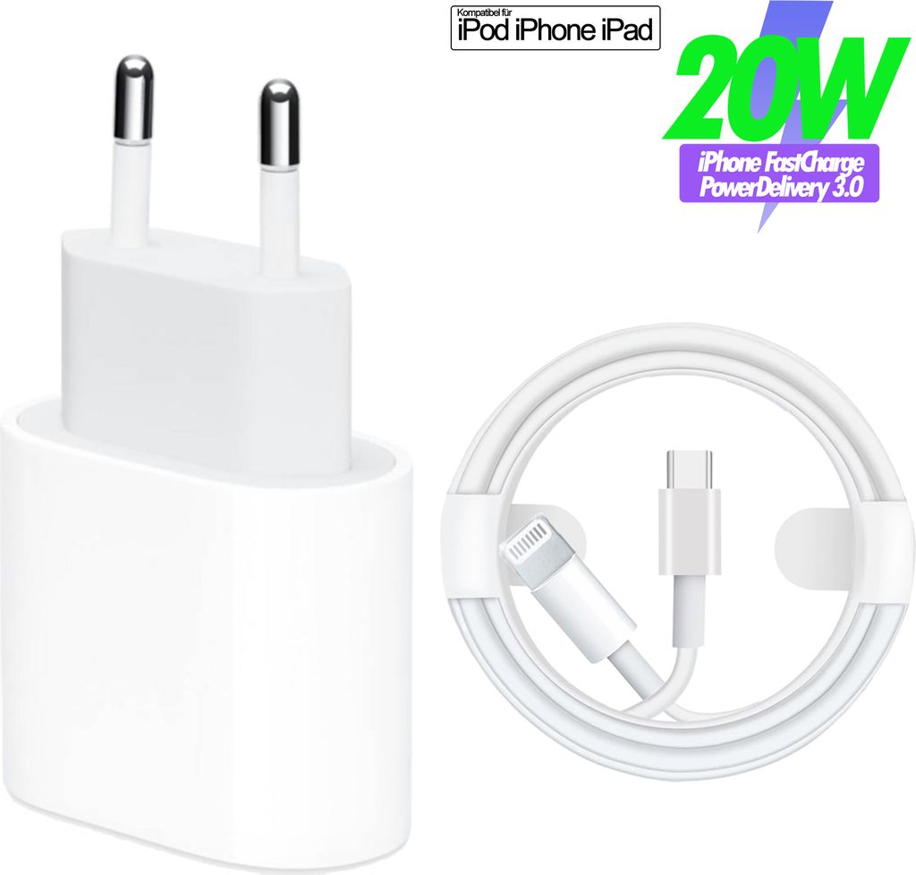 USB C Adapter für iPhone 14 13 12 11 Xs 20W Netzteil mit USB-C zu lightning Kabel 1 Meter