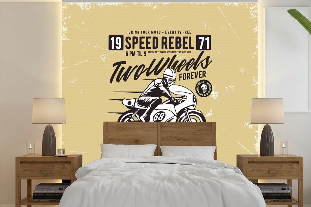 MuchoWow Fototapete für Wohnzimmer oder Schlafzimmer Wandtapete Vinyl Motivtapete Motorrad - Motorradhelm - Mann - Vintage - 260x260 cm - Papier...